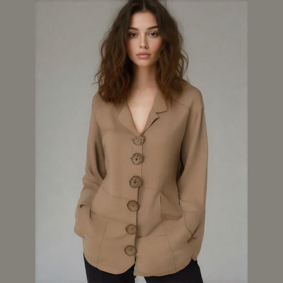 Keren Hart Tan Patchwork Cotton Knit Stretch Neutral Fall Jacket Button Down S - Picture 1 of 10